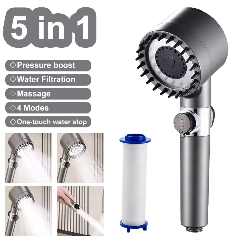 New Pressurized Shower 4 Modes Adjustable Water Saving Shower High Pressure Showerhead with Filter Bathroom Massage Shower